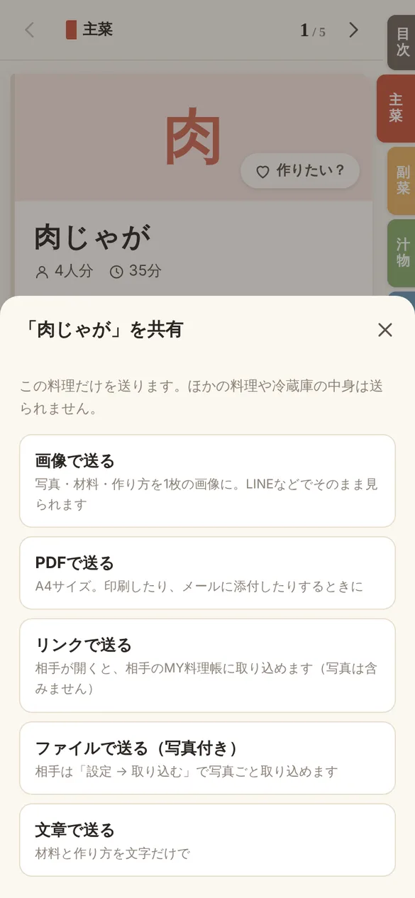 肉じゃがを共有する画面。画像で送る、PDFで送る、リンクで送る、ファイルで送る(写真付き)、文章で送るの5つの方法が並んでいる