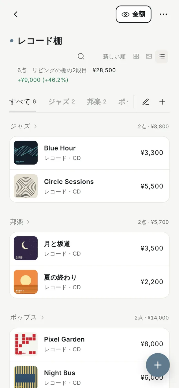 レコード棚をリストで表示した画面。6点、28,500円、プラス9,000円、プラス46.2パーセントと表示され、インデックスごとにジャケットの小さな写真、名前、ジャンル、金額が並んでいる