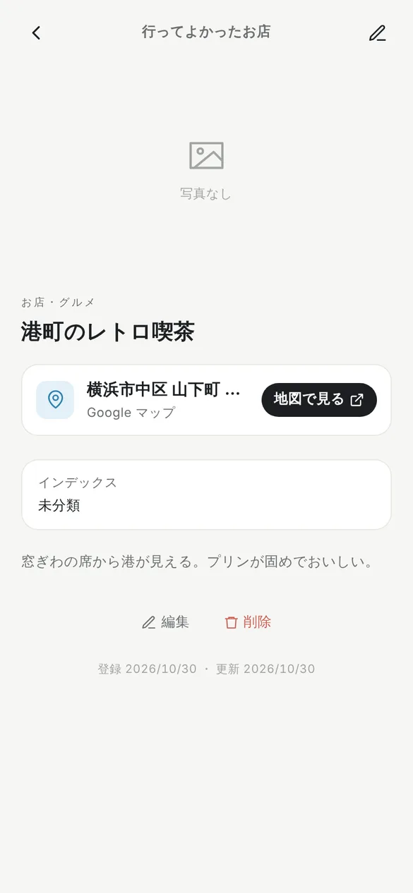 港町のレトロ喫茶というアイテムの画面。ジャンルはお店・グルメで、横浜市中区山下町と書かれたGoogleマップのリンクと、地図で見るのボタンがあり、メモに窓ぎわの席から港が見える、プリンが固めでおいしい、と書かれている